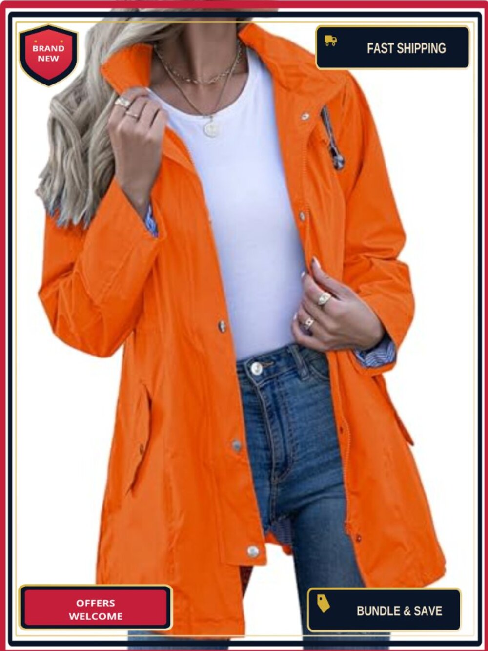 Waterproof Striped Lined Hooded Lightweight Raincoat with Pockets